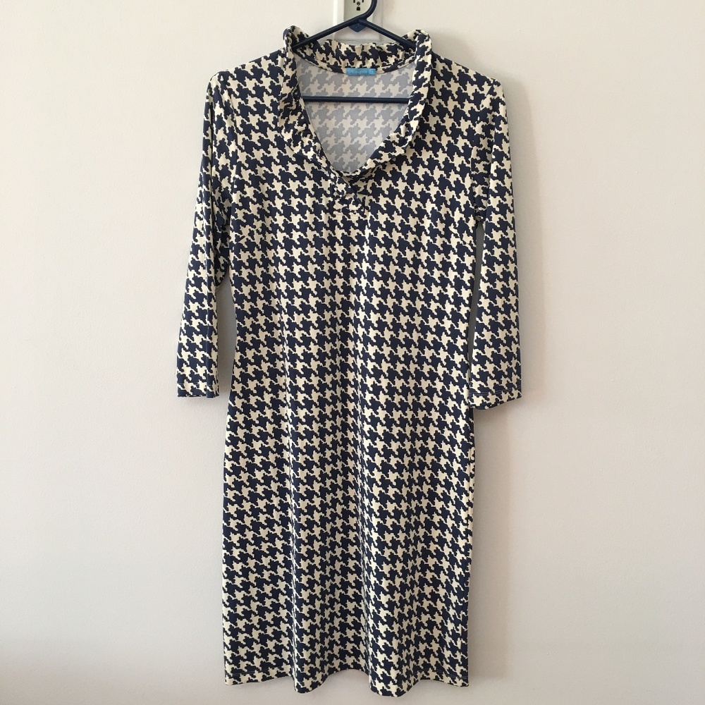 J. McLaughlin Navy/Cream Houndstooth Ruffle Collar Dress